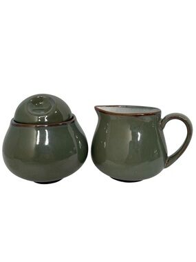 Sango Avocado Green Ceramic Creamer Sugar Set Brown Trim Rustic Farmhouse Cabin